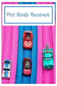 DIY Pool Noodle Racetrack For Toy Cars-XL Toy cars sliding down pool noodles that have been cut in half