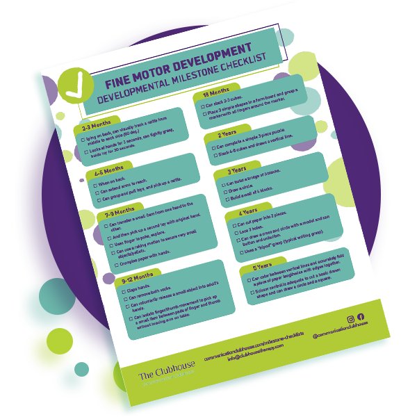 Preview of Fine Motor Development Milestone Checklist provided by Communication Clubhouse Therapy