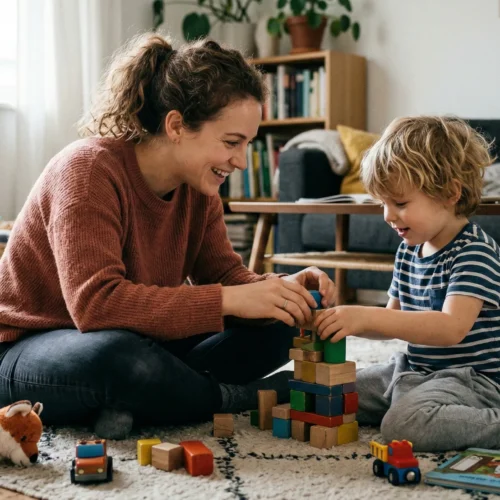 Parent sitting on the floor playing with a child